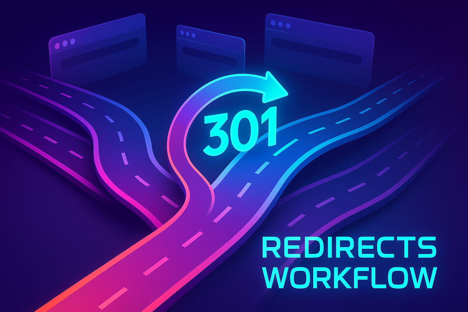 Clean road-sign style arrows collapsing a messy redirect chain into a single path toward a destination page—symbolizing audit-to-fix redirects.
