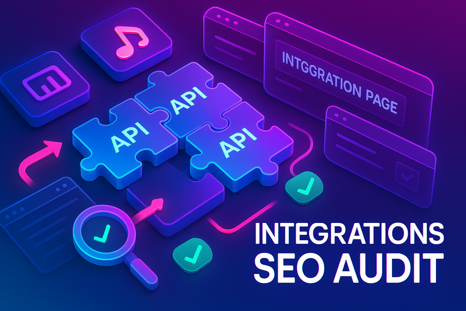 Gradient-neon illustration of app tiles connecting via glowing puzzle-piece APIs with audit checkmarks labeled “Integration Page”, “Docs”, and “Marketplace