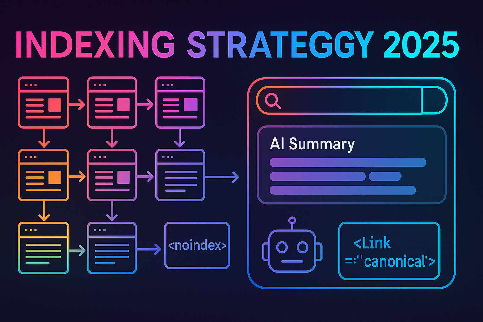 Neon sitemap grid feeding AI summary panels symbolizing resilient indexing strategy in 2025