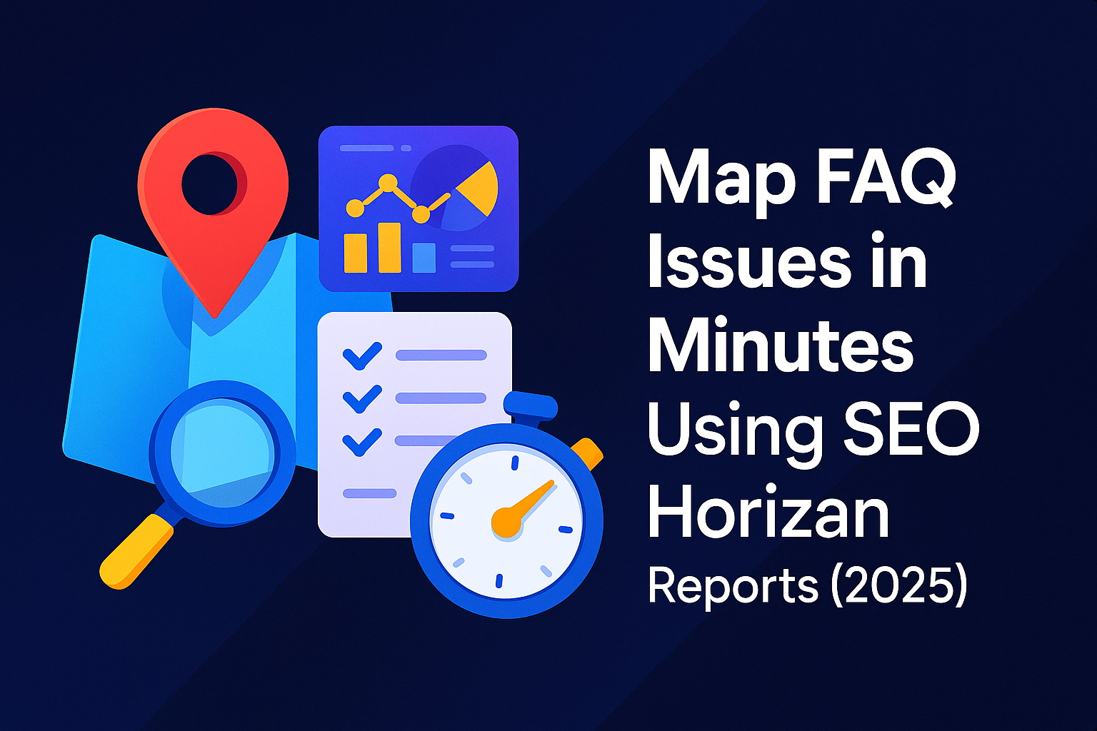 Vibrant gradient banner with a map pin, clock, and \"FAQ\" chat bubble beside a stylized analytics report card—visually conveying rapid FAQ issue mapping with SEO Horizan reports.