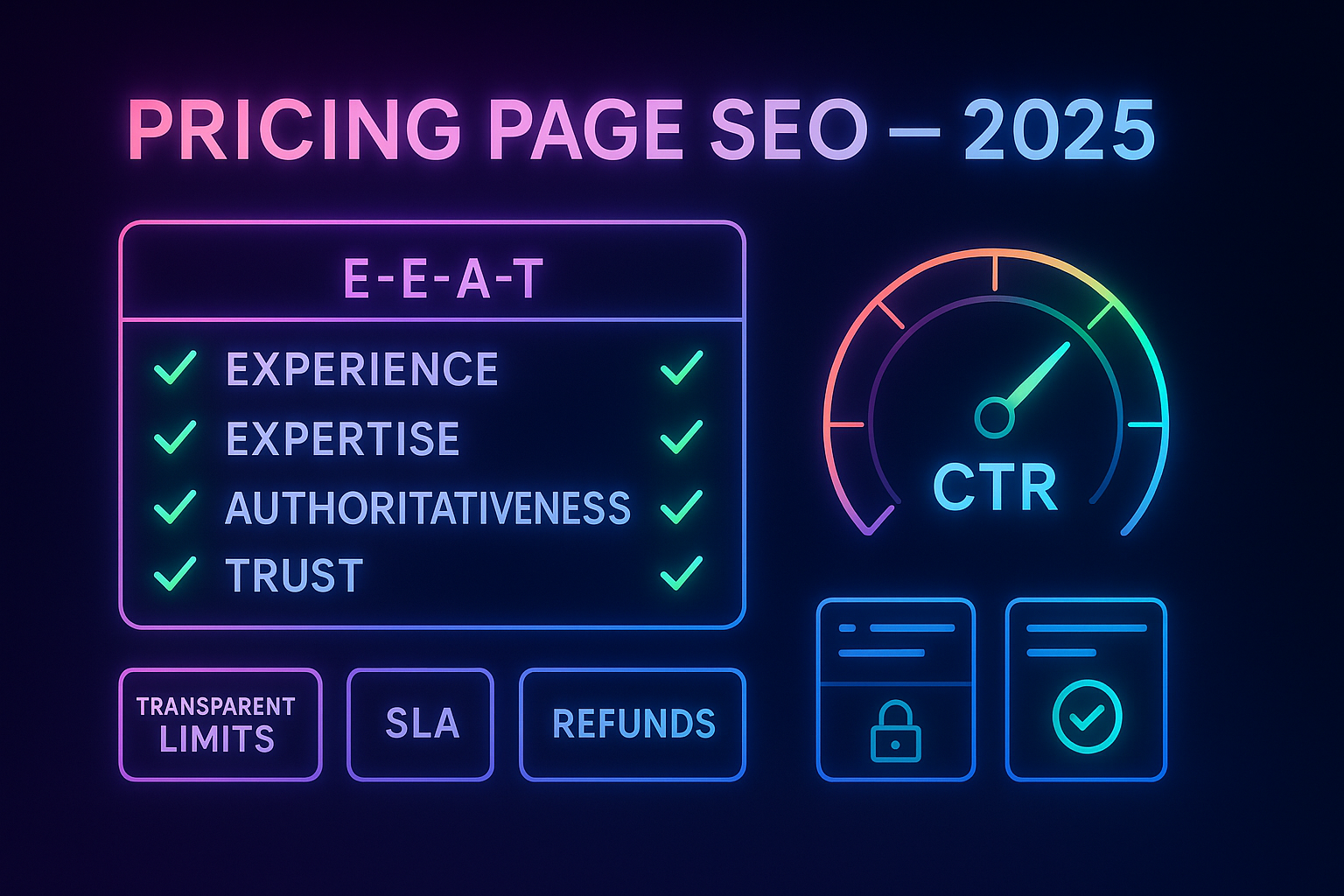 Gradient-neon pricing table showing E-E-A-T checkmarks for transparency, SLAs, refunds, and security, with an upward CTR meter.