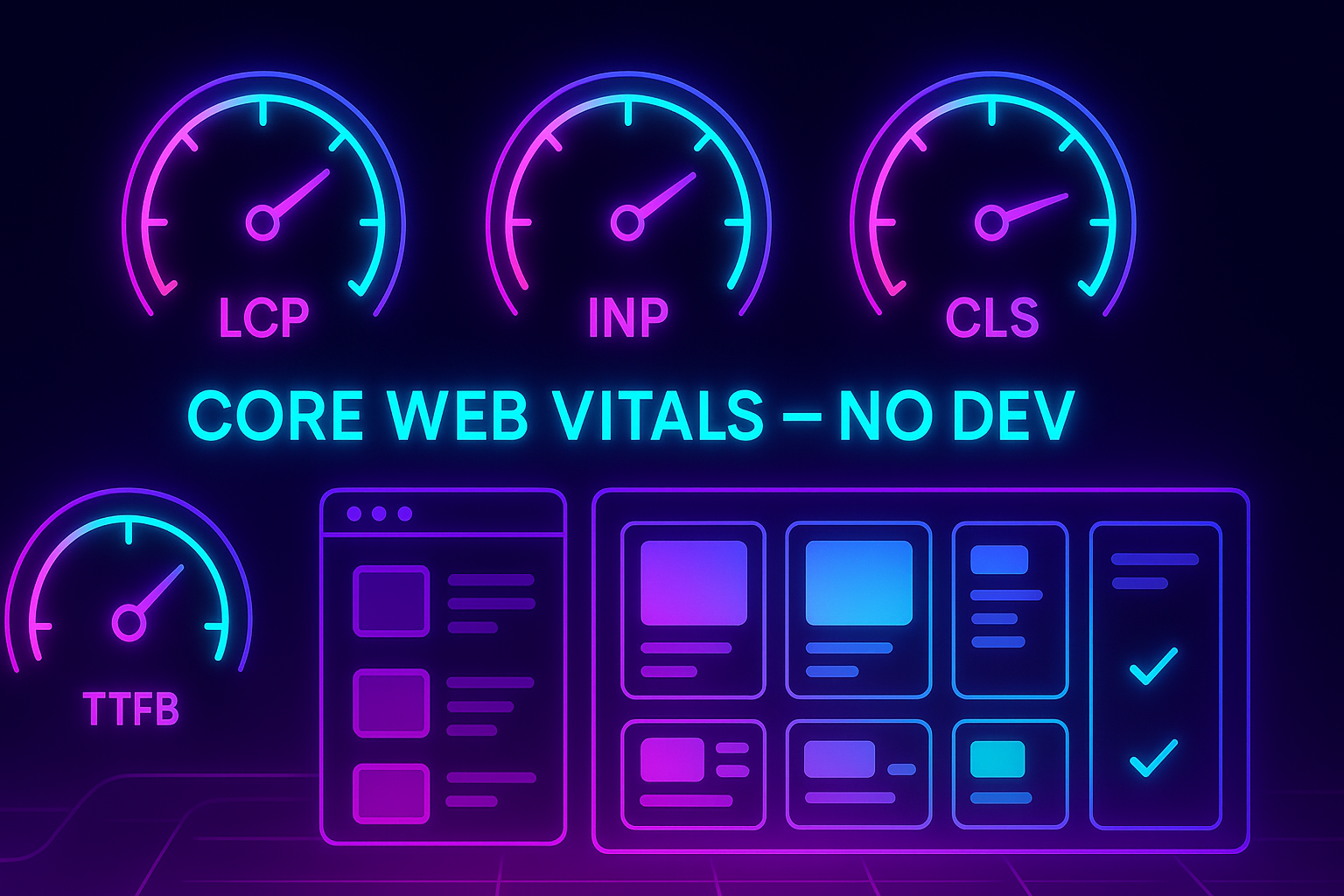Gradient-neon dashboard showing LCP, INP, CLS, and TTFB meters improving across a grid of blog cards