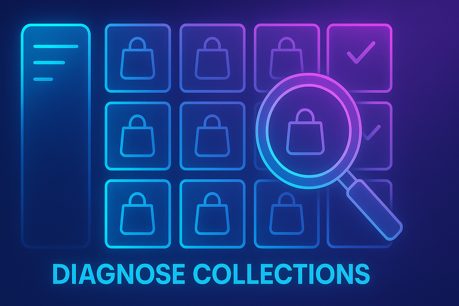 Gradient-neon storefront grid representing Shopify collections with magnifying glass and checkmarks over product tiles