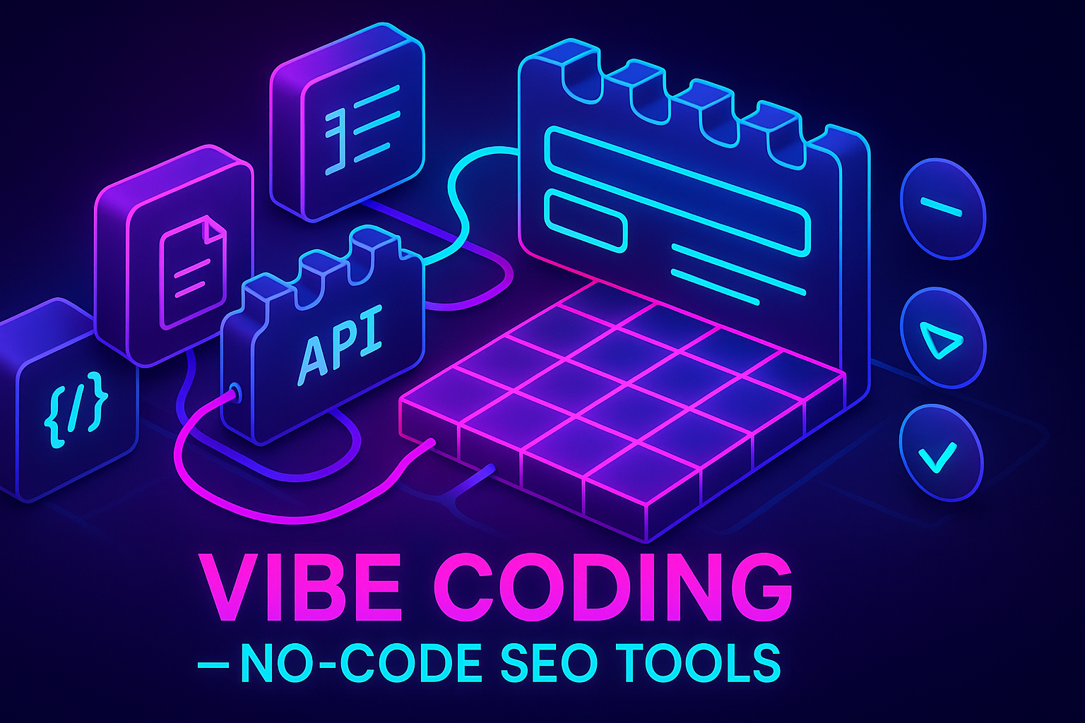 Gradient-neon modular blocks connecting sheets, forms, APIs, and charts to illustrate no-code SEO tool building.