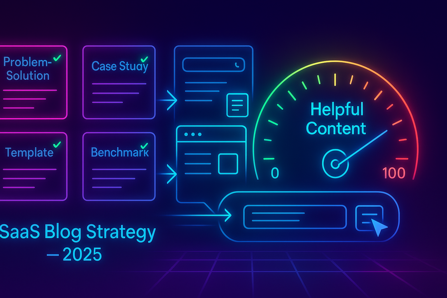 Gradient-neon illustration of a blog grid transforming into a helpful-content score gauge with checkmarks on problem–solution, case study, template, and benchmark cards.