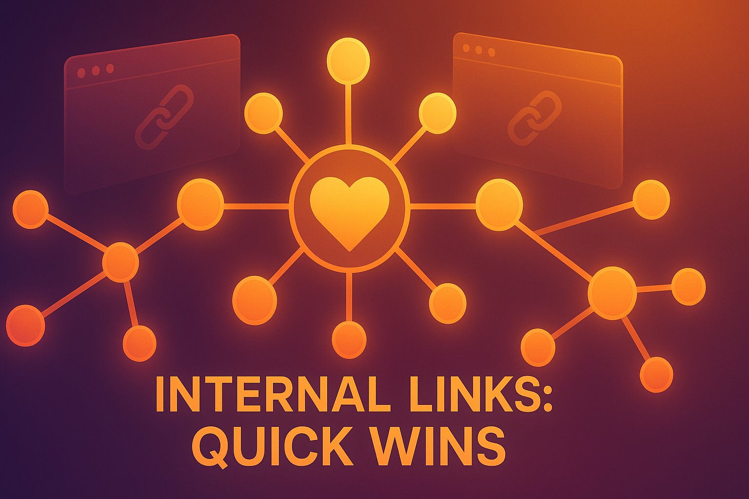 Gradient-neon network of glowing links converging on a central nonprofit heart icon with ‘Internal Links: Quick Wins’ text.