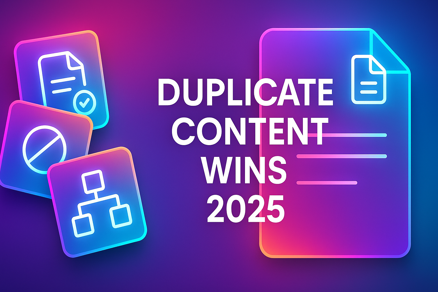 Neon content cards consolidating into a canonical page representing duplicate content fixes