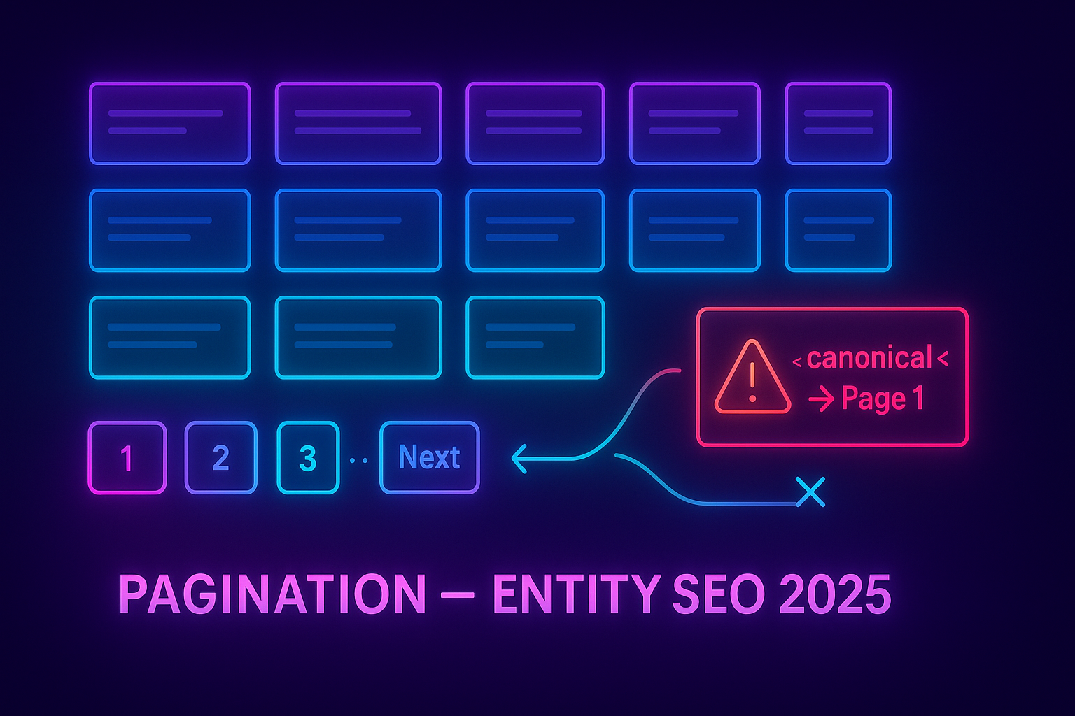 Gradient-neon UI of a paginated content grid with page numbers and arrows indicating healthy link flow, plus a crossed-out “canonical to page 1” warning.