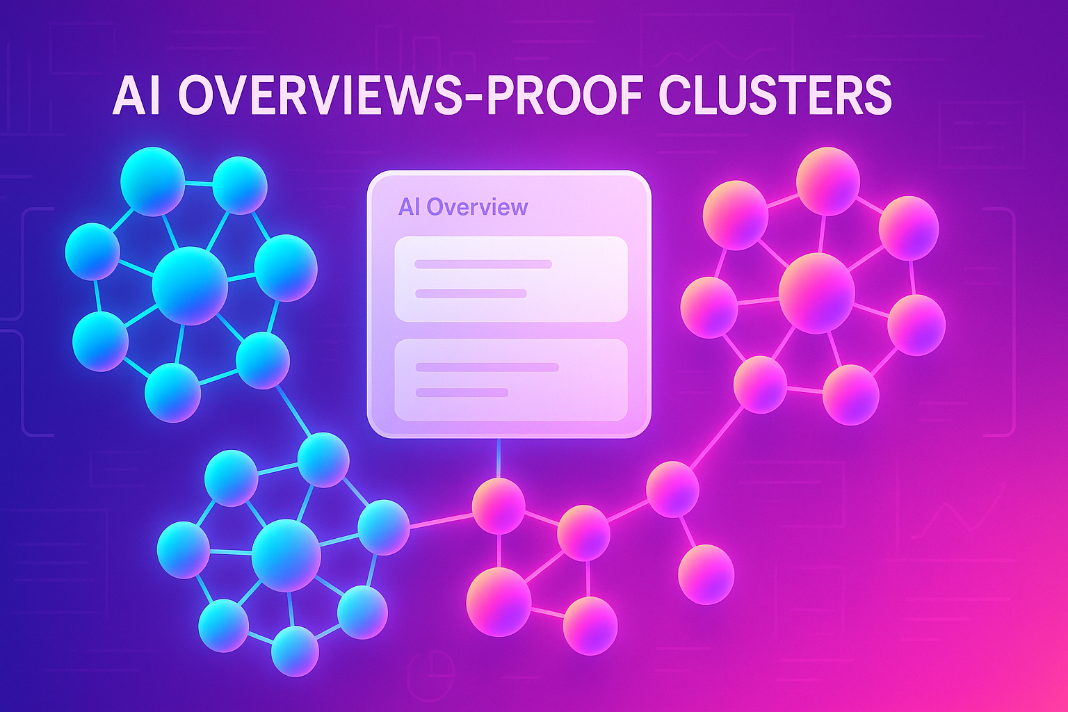 Neon knowledge‑graph clusters orbiting an AI Overview panel to symbolize resilient topical clustering
