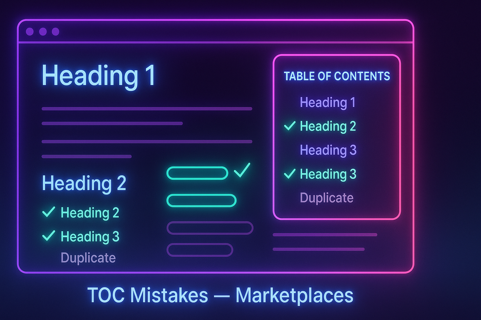 Gradient-neon illustration of a web page with a cleaned-up Table of Contents where hierarchy and anchors are corrected and validated.