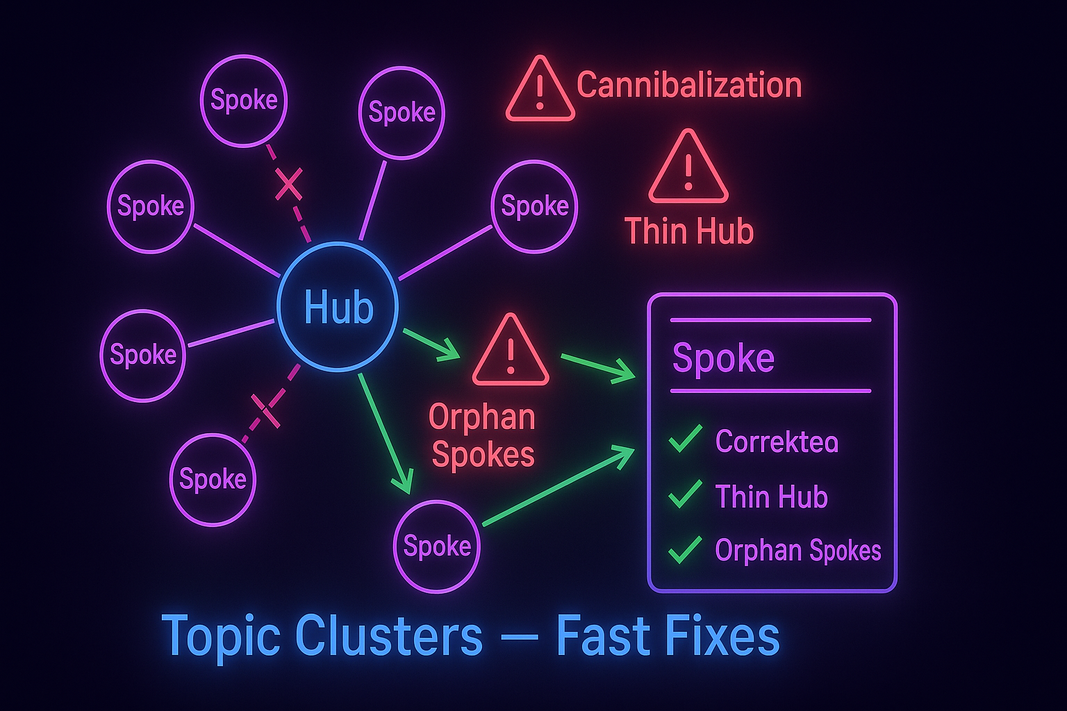 Colorful topic-cluster map linking a central hub to subpages with warning icons and a wrench—representing SEO mistakes and quick fixes.