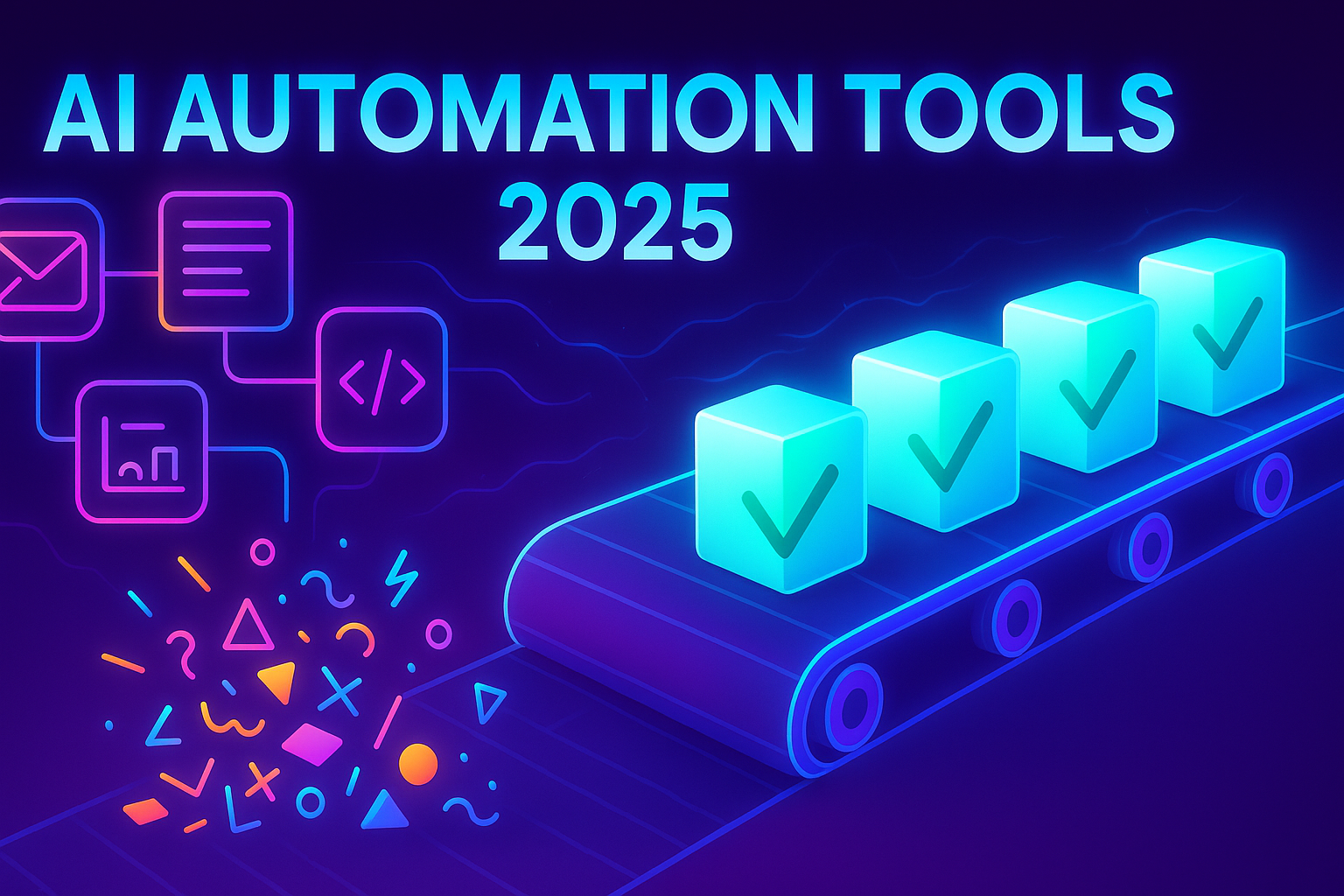 Neon conveyor turning work items into finished tasks, symbolizing AI automation in 2025