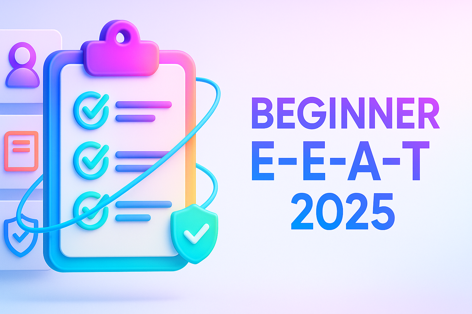 Neon checklist with profile, citation, and trust shield icons representing E-E-A-T steps