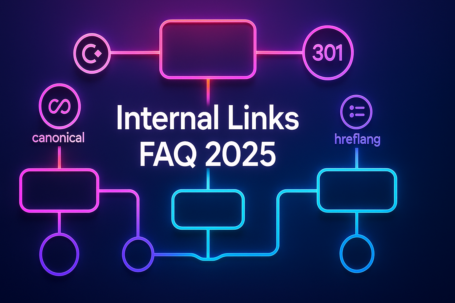 Neon site map with links, redirect and canonical icons illustrating internal linking fixes