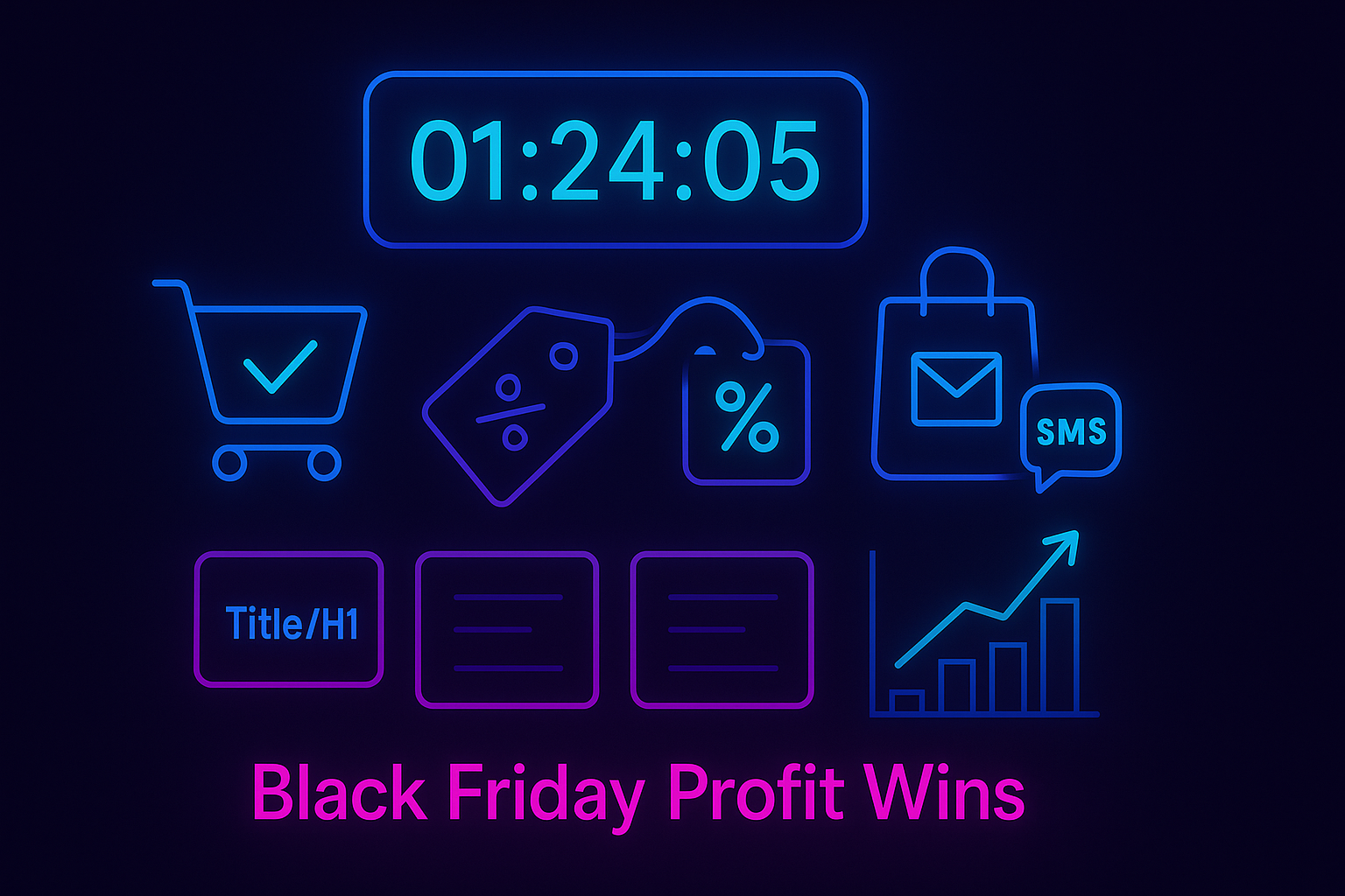 Gradient-neon ecommerce dashboard showing countdowns, promo tags, and a rising revenue chart for Black Friday planning.