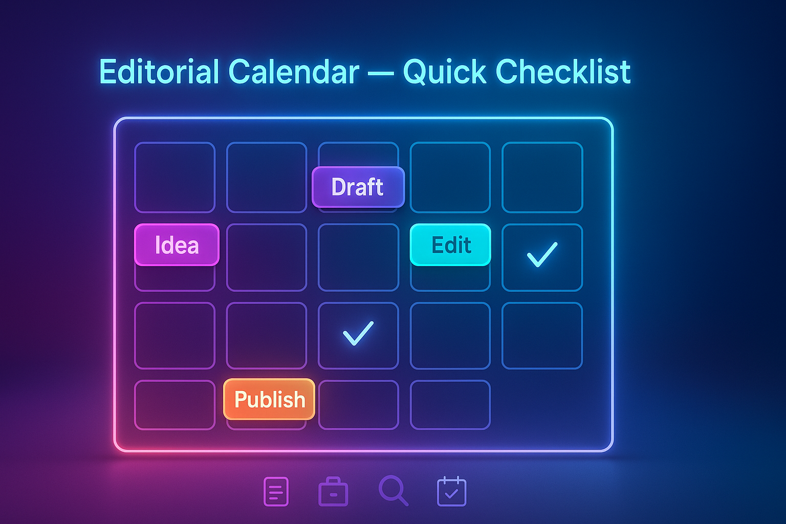 Gradient-neon illustration of a color-coded editorial calendar with stages labeled Idea, Draft, Edit, Publish and checkmarks confirming tasks