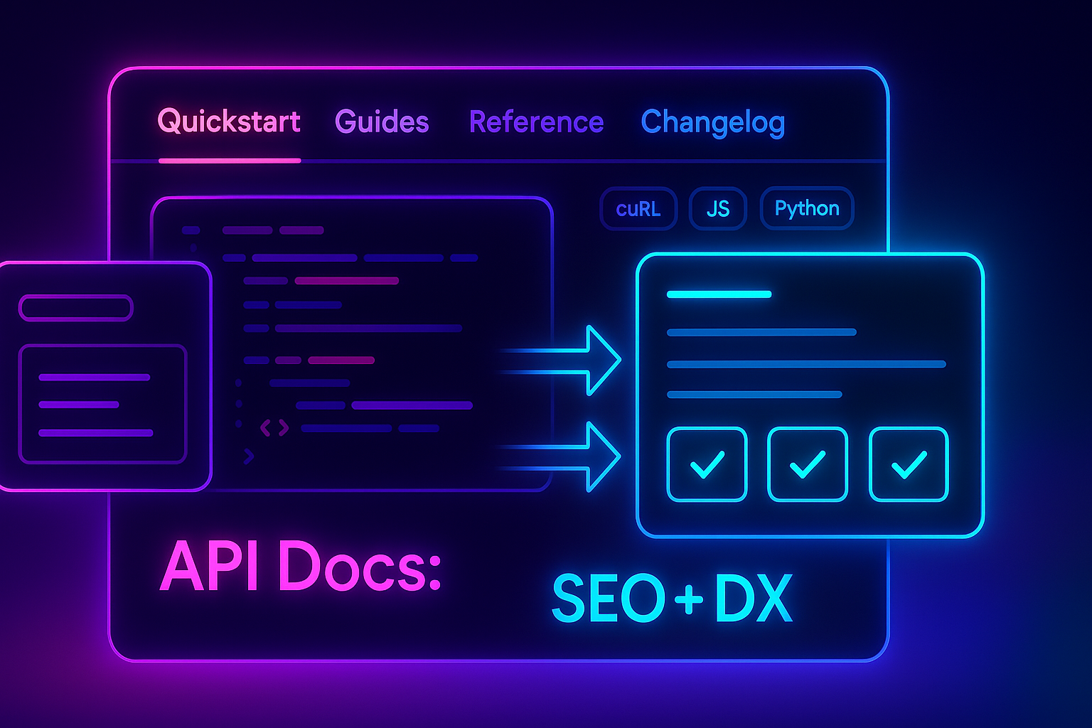 Gradient-neon developer portal showing Quickstart, Guides, Reference, and Changelog tabs with code toggles and an arrow from a search result to a fast-loading doc page.