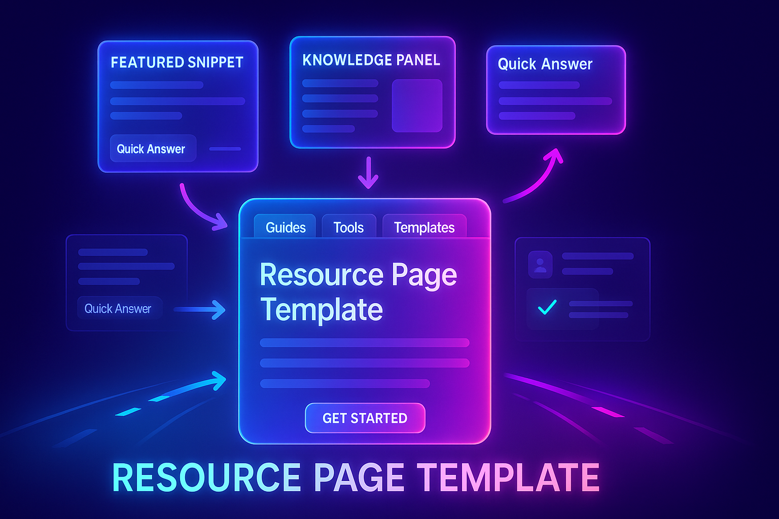 Gradient-neon illustration of SERP answer boxes above a rich resource page card with tabs for guides, tools, templates, and downloads, highlighting a compelling CTA