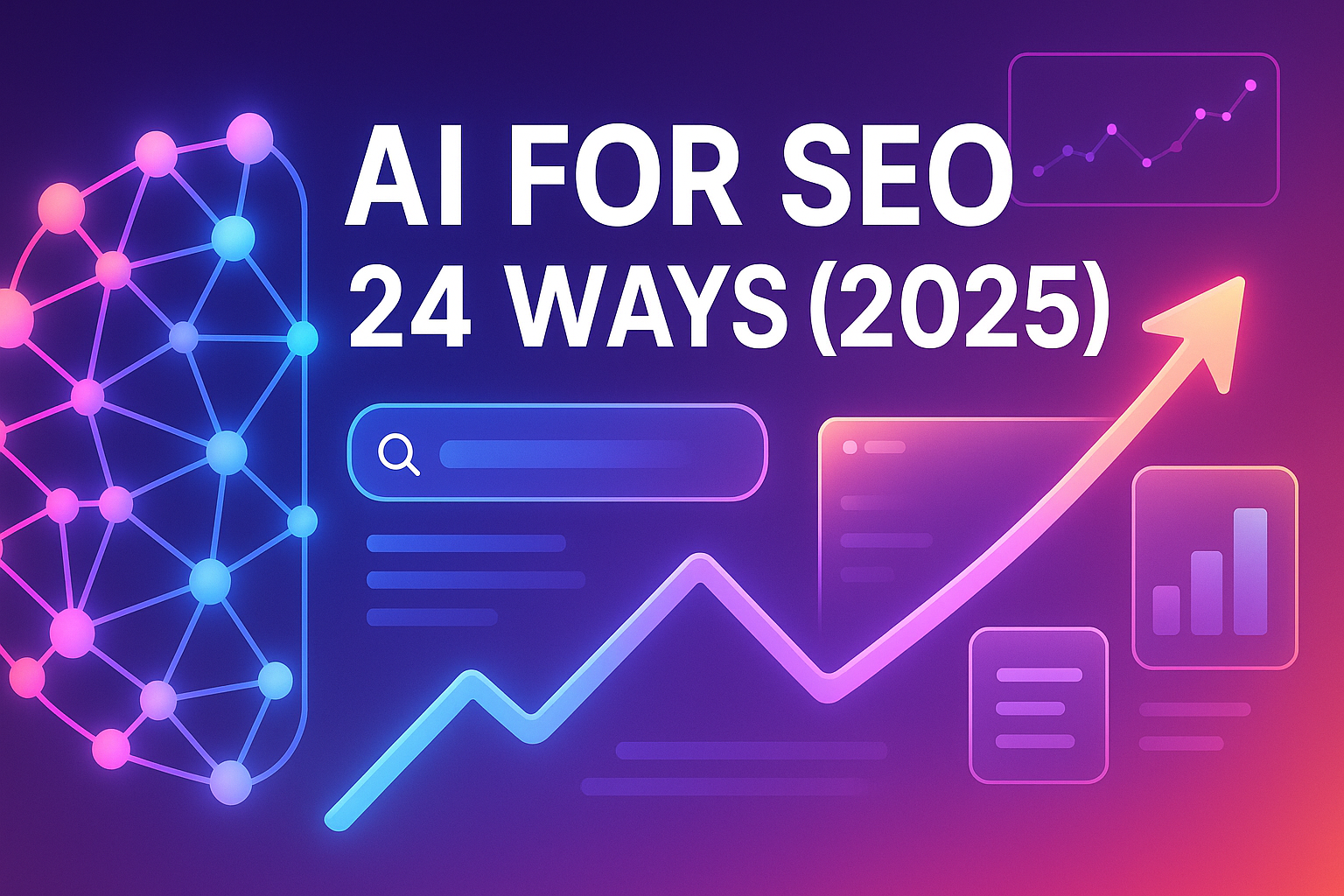 AI brain connected to SEO growth graph with neon gradient lighting — AI for SEO 2025