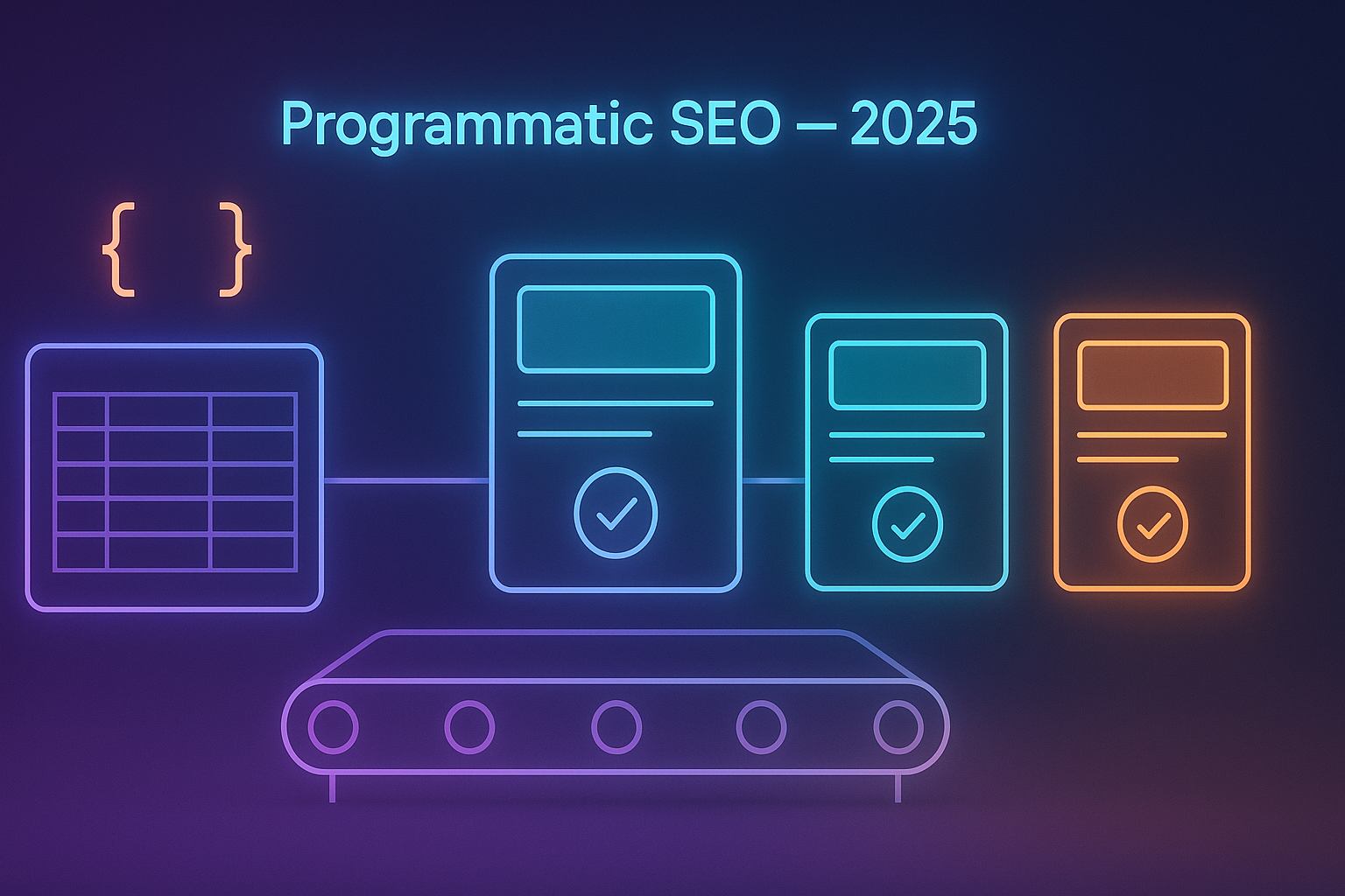Gradient-neon illustration of a data-to-template assembly line generating validated web pages with JSON brackets and green checkmarks.