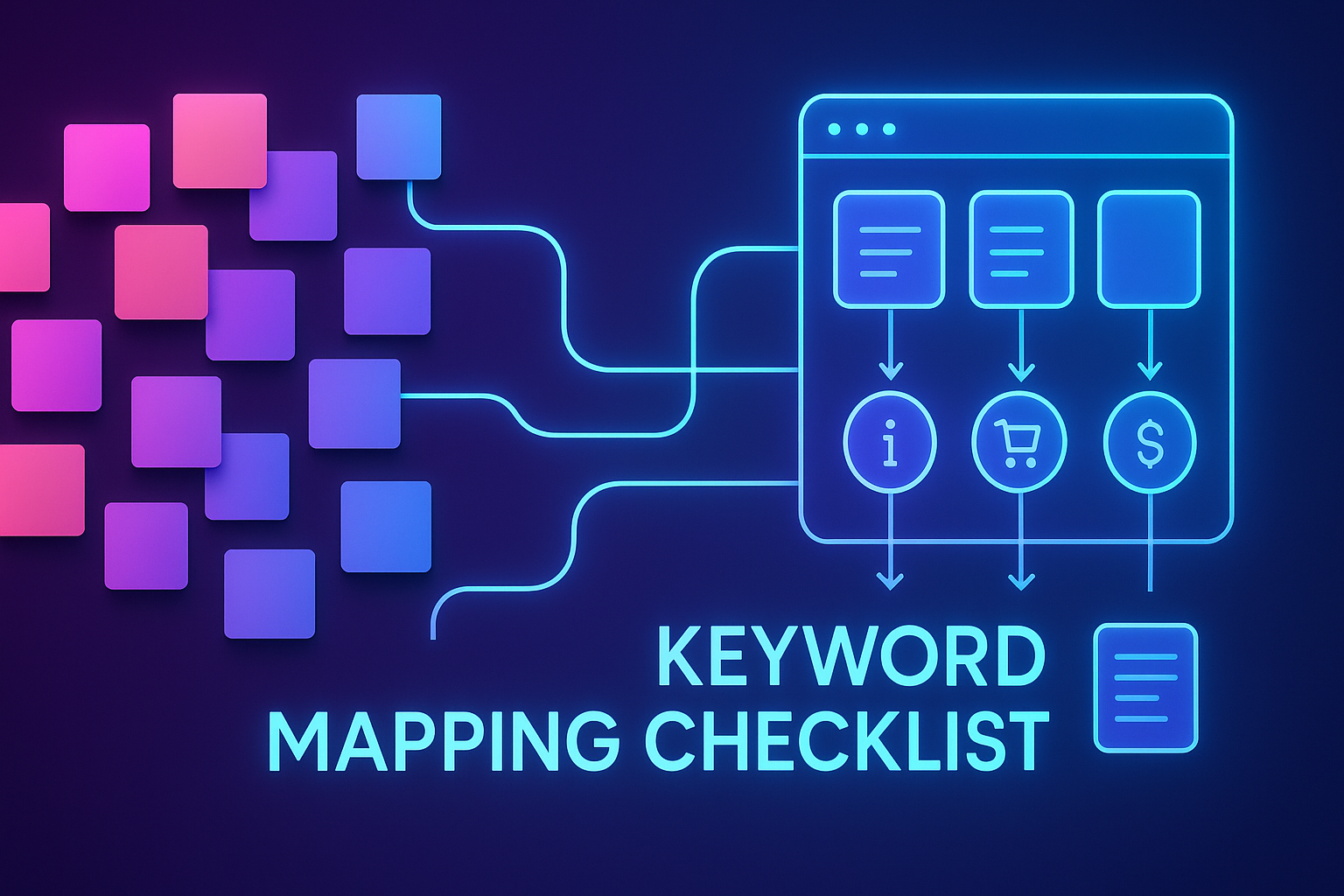 Gradient-neon illustration of clustered keywords connecting to a streamlined site map with intent icons and checkmarks