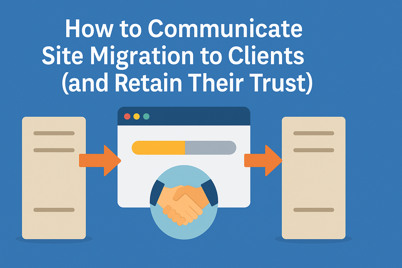 Illustration of a digital team presenting a website migration plan to a client. The image shows a computer screen with site architecture diagrams, a timeline, and communication icons, while a professional team member gestures toward the screen, symbolizing