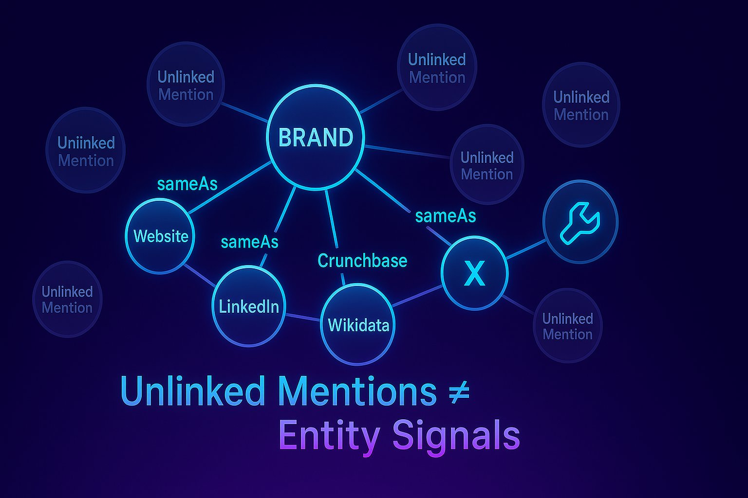 Gradient-neon network graphic showing a brand entity connected to authoritative profiles while several unlinked mentions stay disconnected until schema and consistency fixes are applied.
