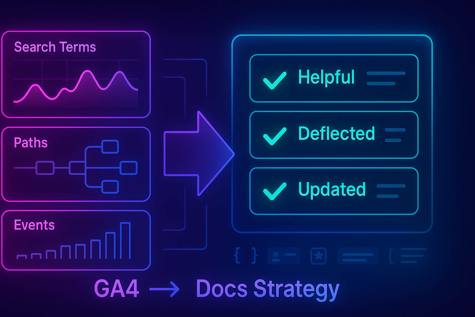 Gradient-neon GA4 dashboard flowing into knowledge base article cards marked Helpful, Deflected, and Updated.