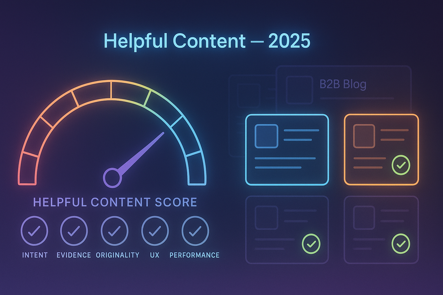 Gradient-neon dashboard showing a 0–100 helpful content score meter with sub-scores for intent, evidence, originality, UX, and performance over B2B blog cards.