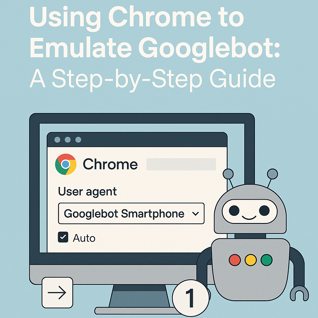 Illustration of a desktop screen showing Chrome DevTools with the “Googlebot Smartphone” user agent selected. A friendly robot character resembling Googlebot stands beside the monitor, representing the process of emulating Googlebot in Chrome. Text above r