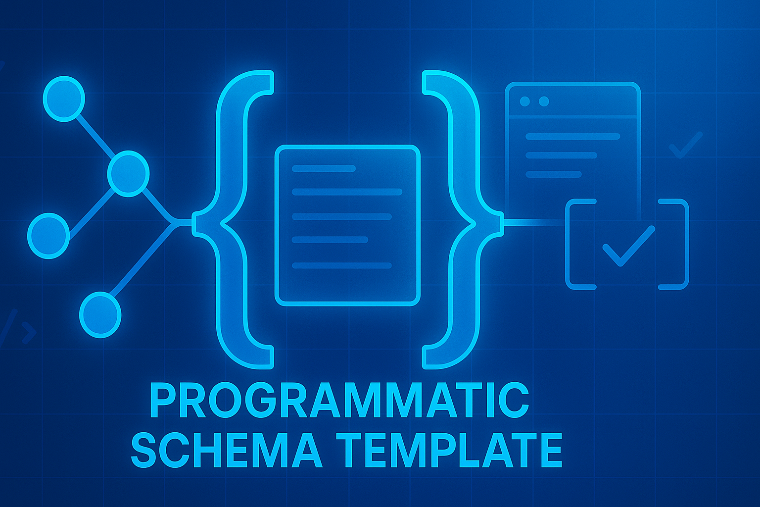 Gradient-neon blueprint of JSON-LD brackets and linked nodes with the text ‘Programmatic Schema Template’