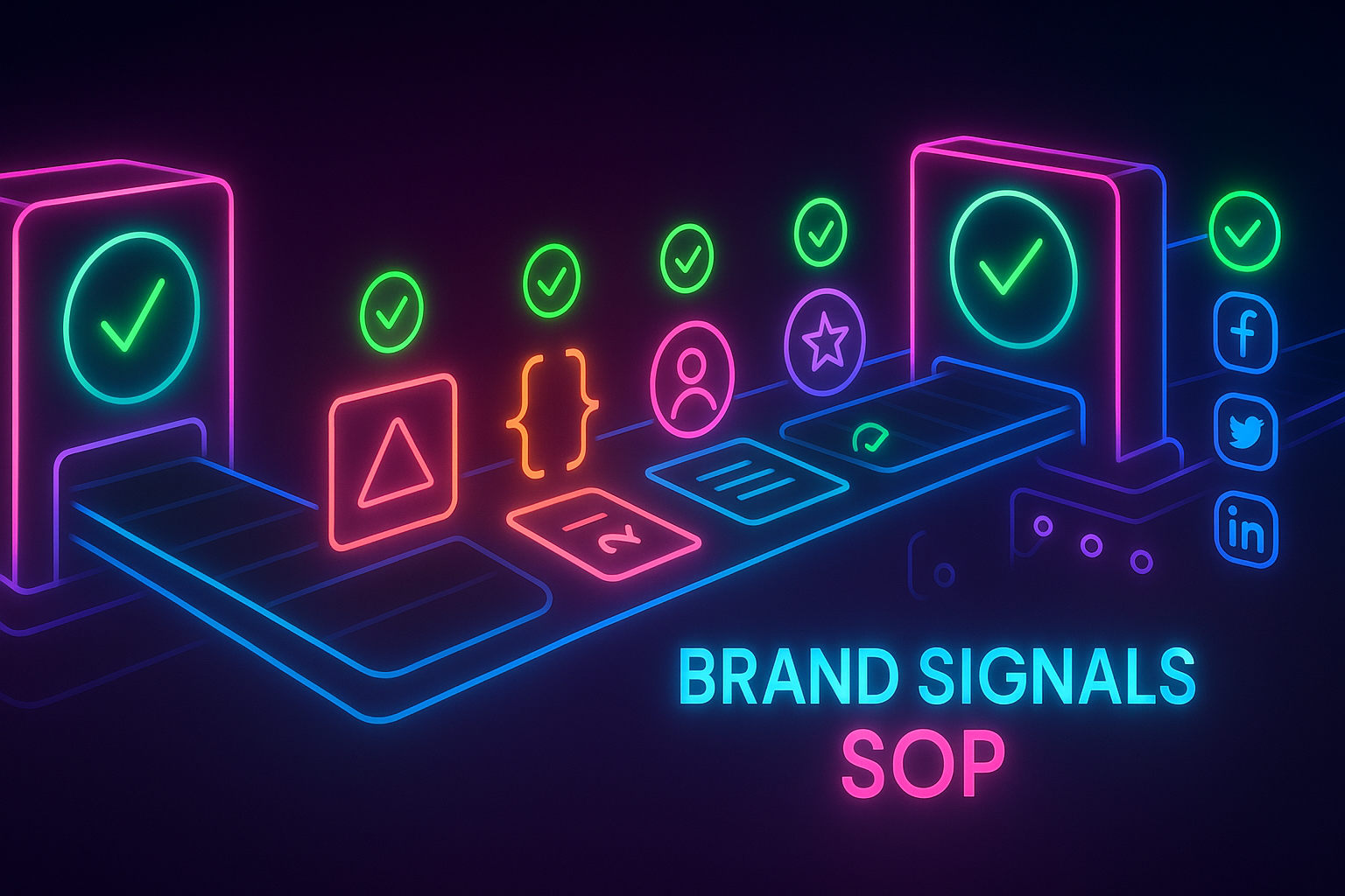 Gradient-neon assembly line producing logo, schema, author badges, favicon, and policy pages as scanners mark green checkmarks.