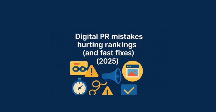 Colorful banner with a press megaphone, link chain, and speed gauge—illustrating digital PR mistakes and fast SEO fixes.