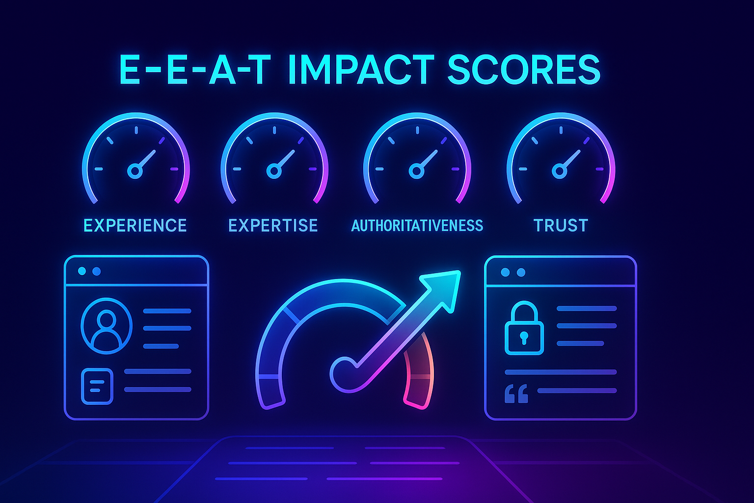 Gradient-neon dashboard showing Experience, Expertise, Authoritativeness, and Trust gauges rising, with author and citation elements on web page cards