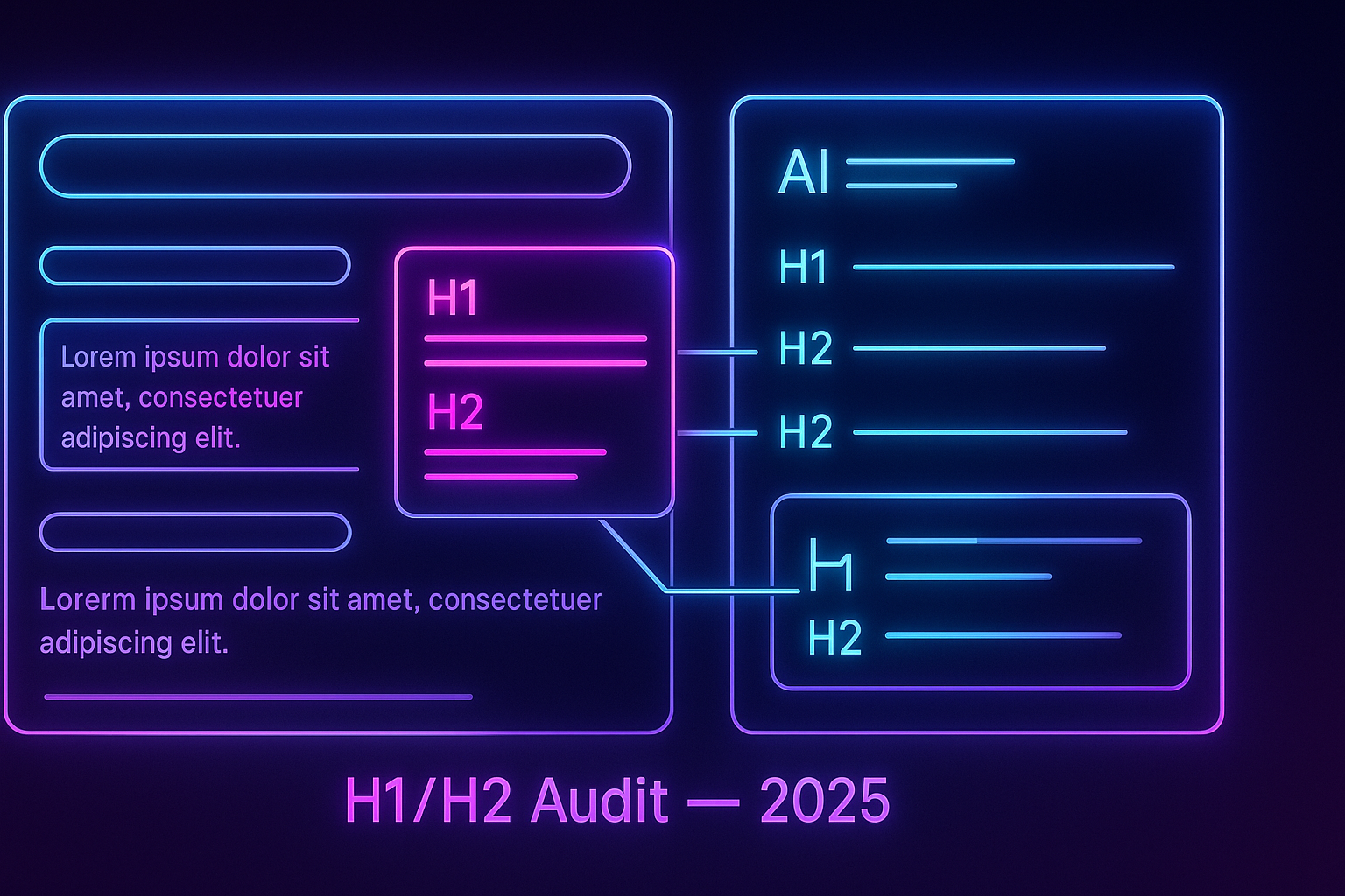 Gradient-neon illustration showing an AI summary card pulling bolded lines from a page’s H1/H2 outline.