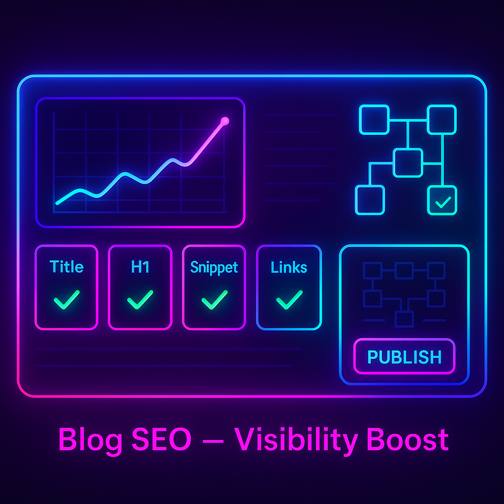Gradient-neon blog dashboard with rising visibility graph, title/H1 cards, internal link map, and a glowing ‘Publish’ button. Overlay text: “Blog SEO — Visibility Boost”.
