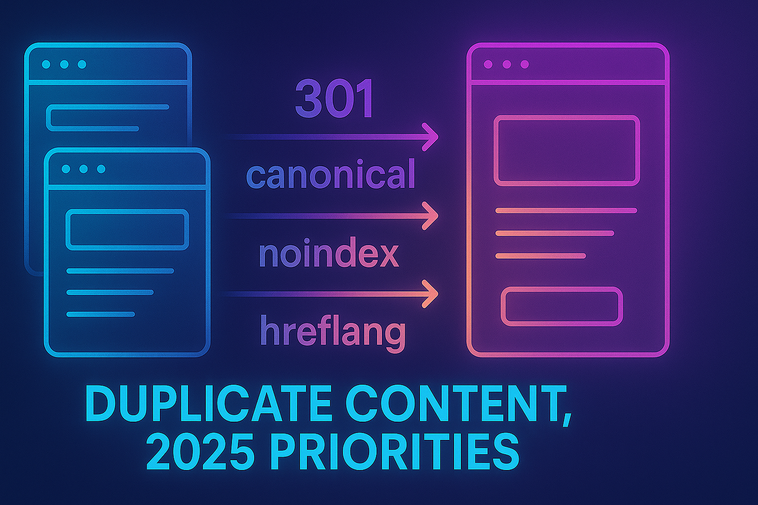 Gradient-neon illustration showing multiple duplicate pages merging into one canonical page with labels 301, canonical, noindex, and hreflang