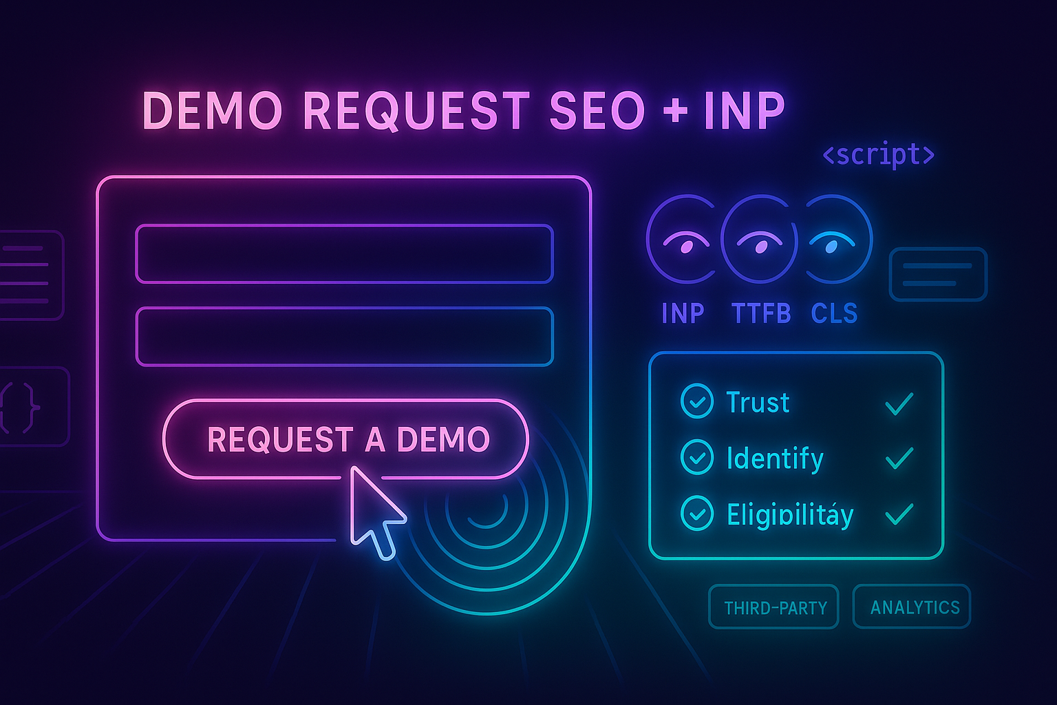Gradient-neon illustration of a “Request a Demo” form with performance gauges for INP, TTFB, and CLS responding smoothly to a click.