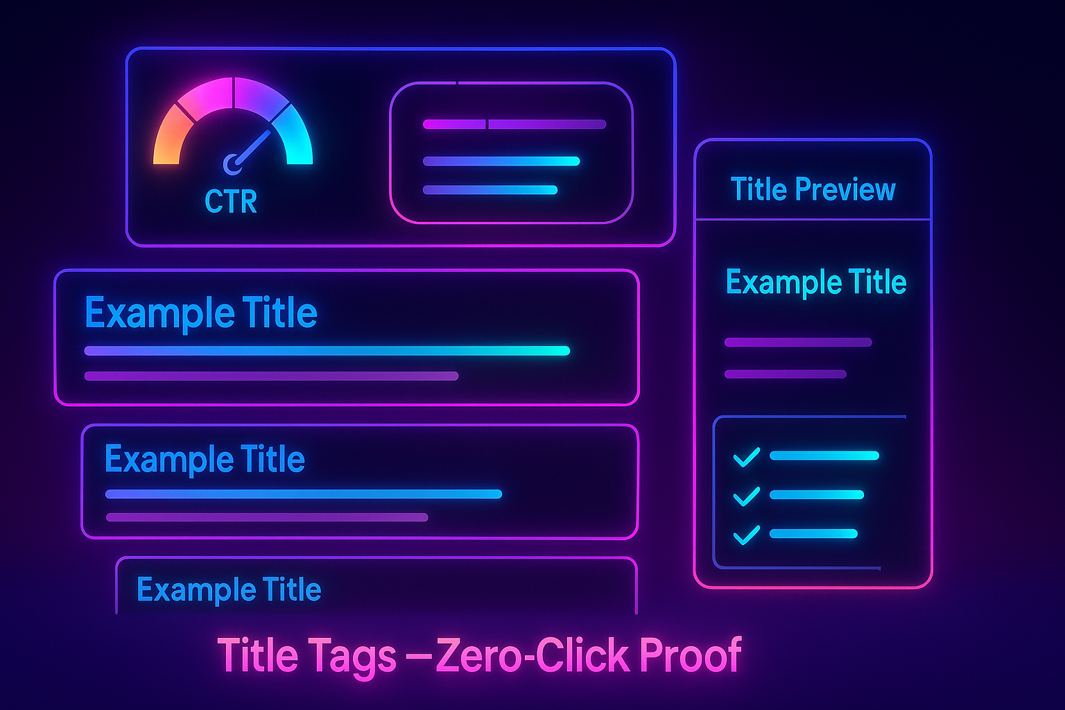 Gradient-neon depiction of SERP titles and a title preview panel with CTR and zero-click risk indicators.