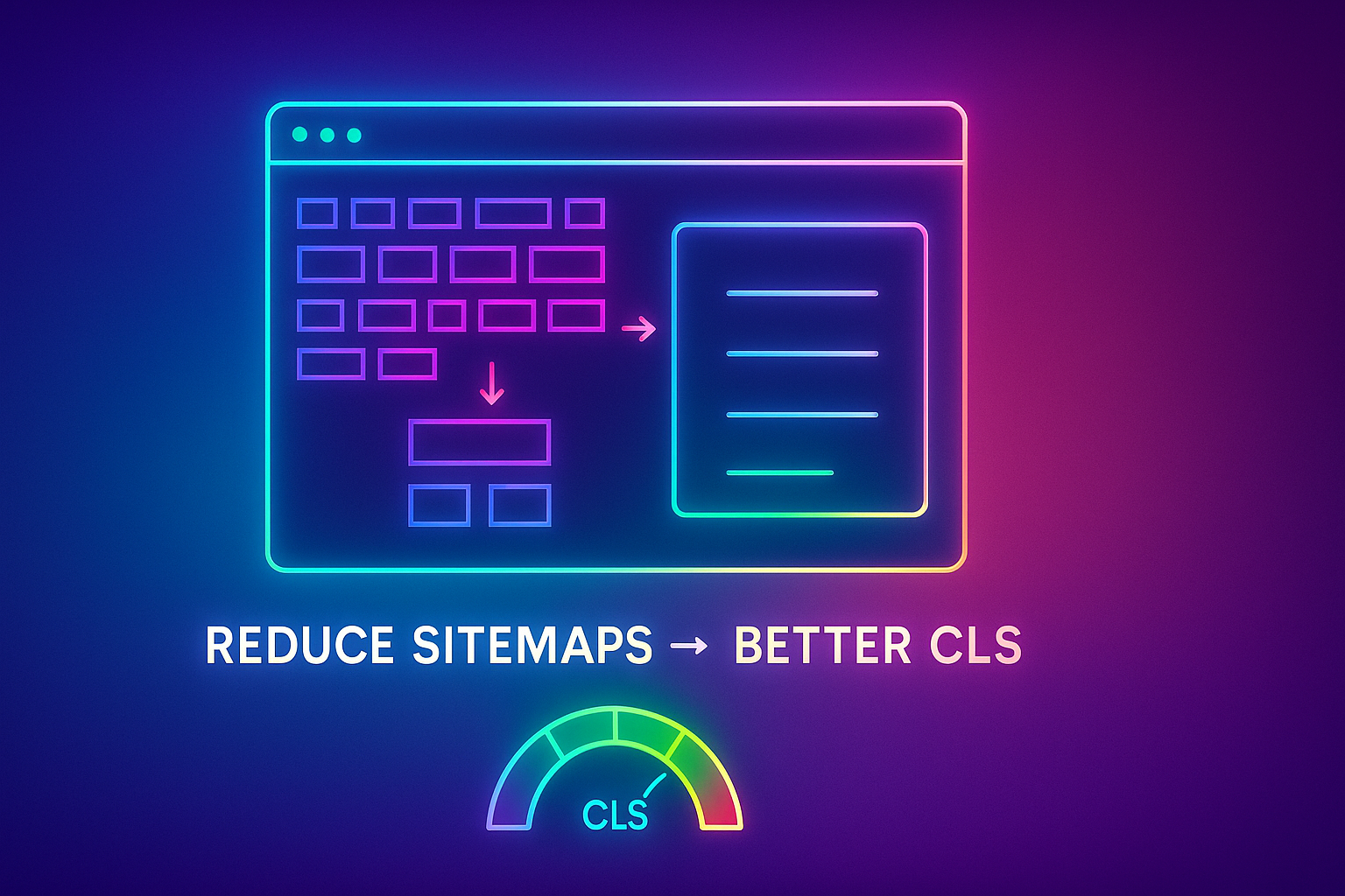 Gradient-neon illustration showing a huge HTML link list collapsing into a stable, compact sitemap block while a CLS meter turns green.