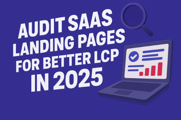 Minimal SaaS landing mockup with a stopwatch over the hero section, indicating faster Largest Contentful Paint.