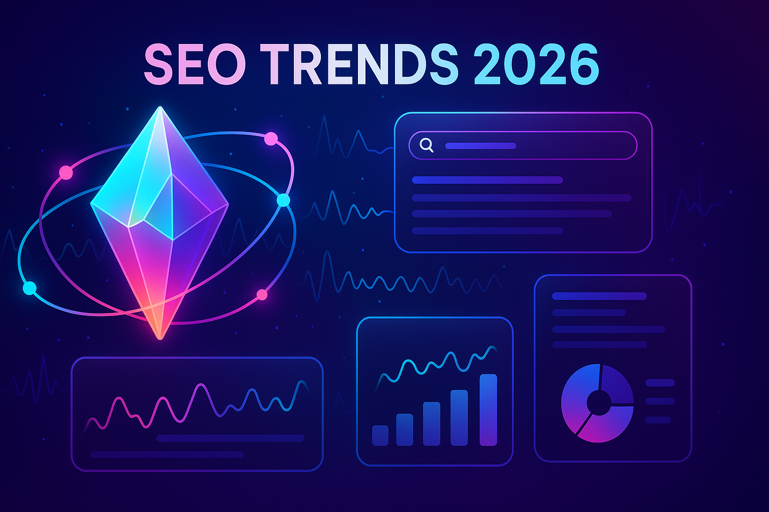 Futuristic neon illustration of a knowledge graph and AI‑enhanced search results symbolizing SEO trends for 2026