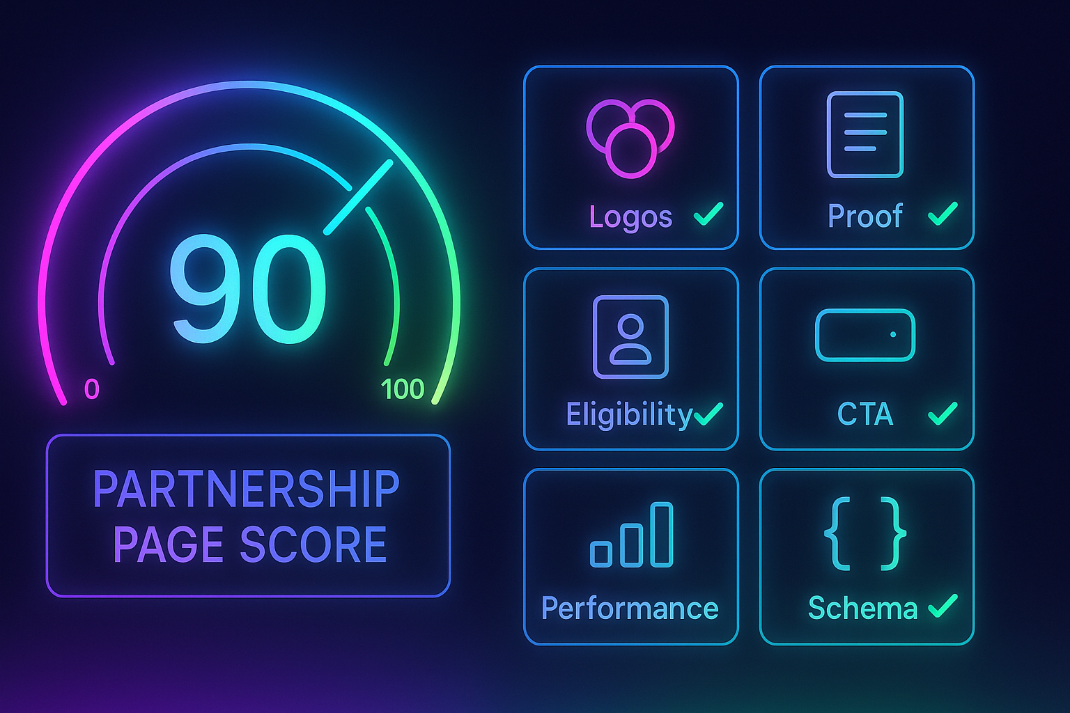 Gradient-neon dashboard showing a 0–100 partnership page score with highlighted criteria like logos, proof, eligibility, CTAs, performance, and schema.