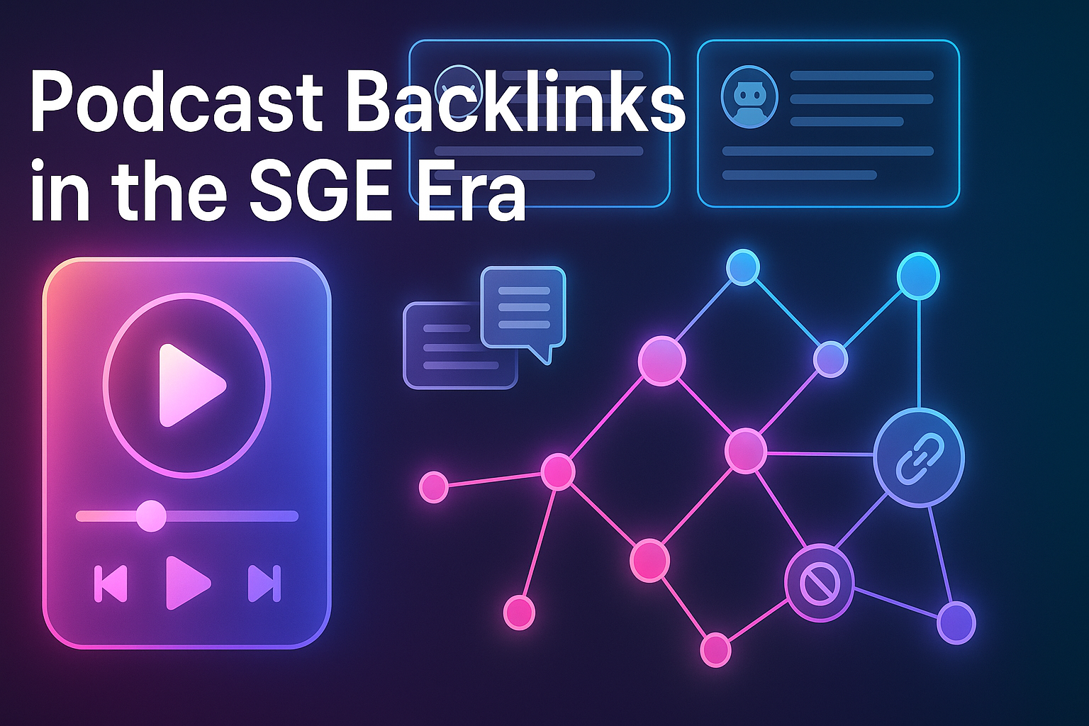Neon podcast player feeding links into a web graph with AI summary cards above