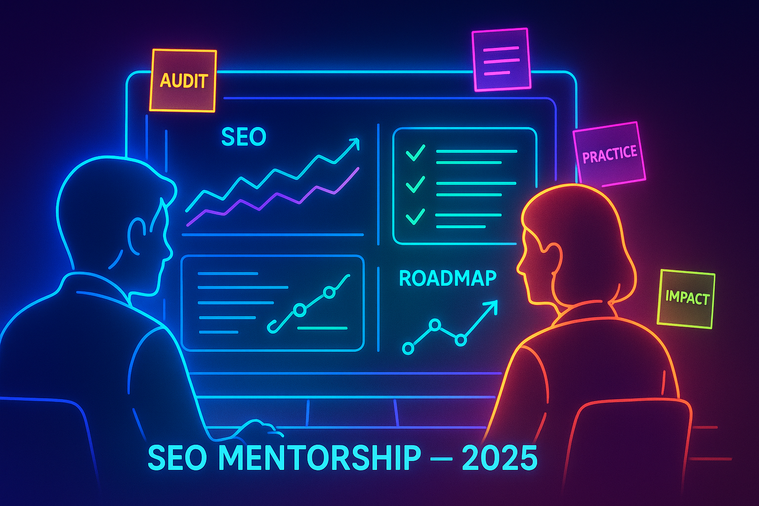 Team gathered around a laptop and screens showing SEO graphs and whiteboard sketches, symbolizing mentorship and guidance in SEO. One person is pointing to a flowchart, others are listening and taking notes