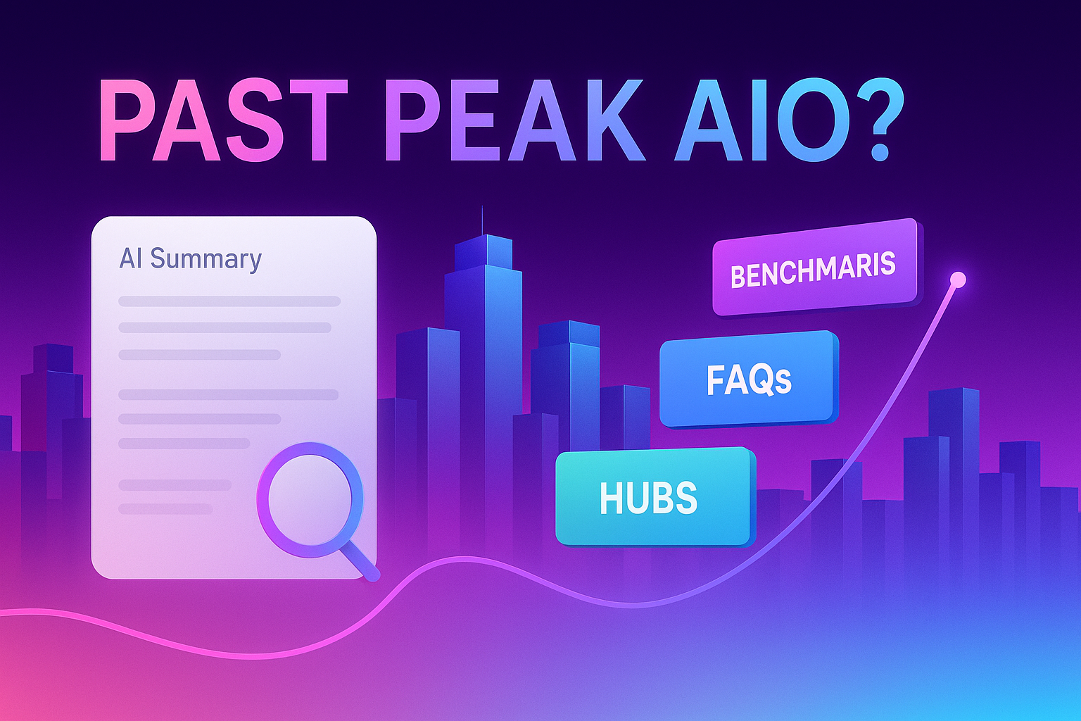 Neon search skyline where AI summary fades while evergreen content blocks rise, symbolizing durable SEO in 2025